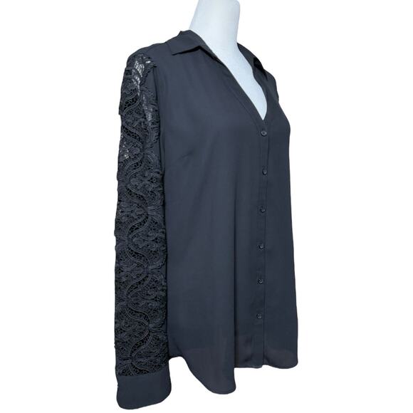 Express‎ Portofino Shirt Women M Black Lace Classic Office Career Work Capsule - Picture 8 of 10